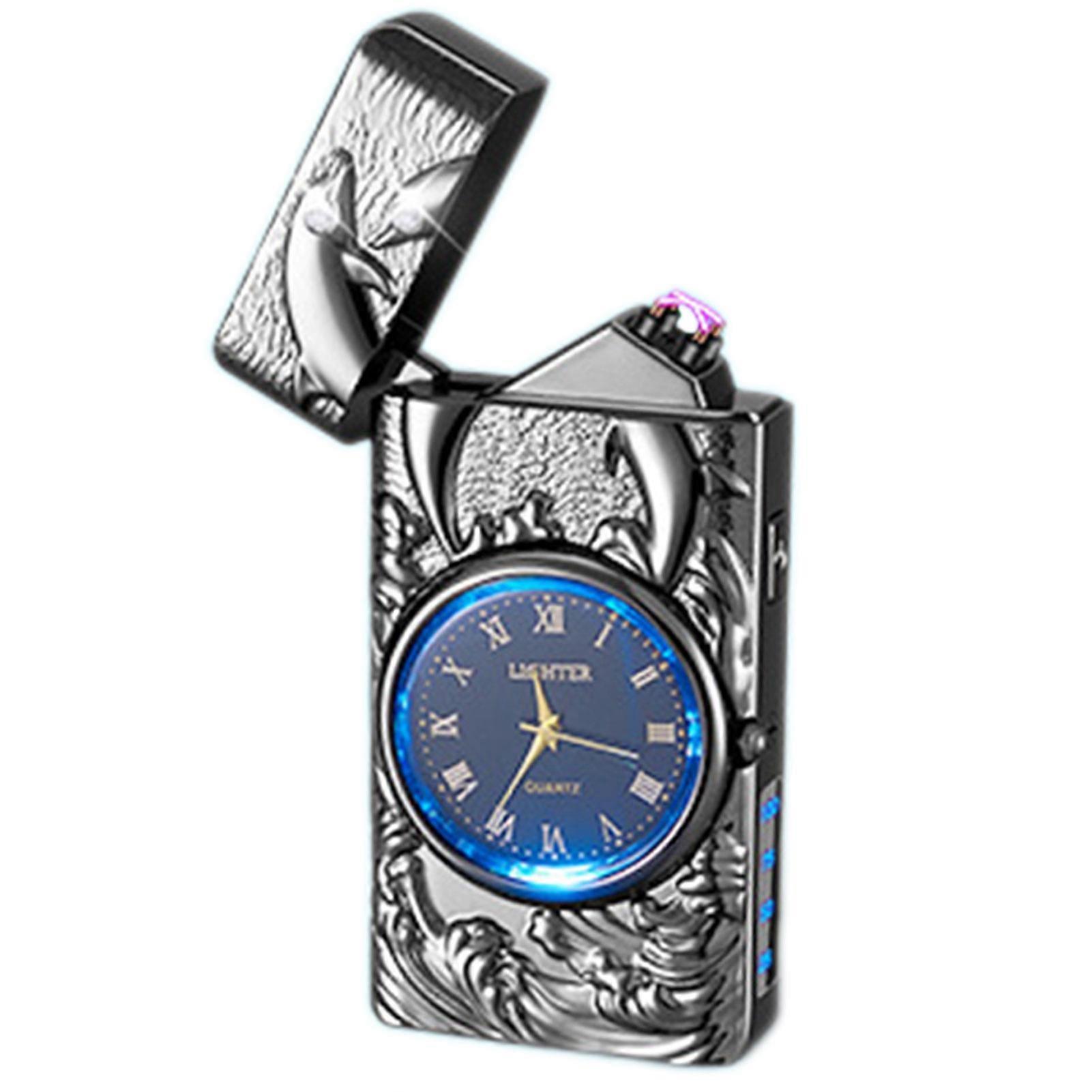 Metal Electric Lighter With Led Light Digital Watch Portable Single Blue Flames Lighter for Men