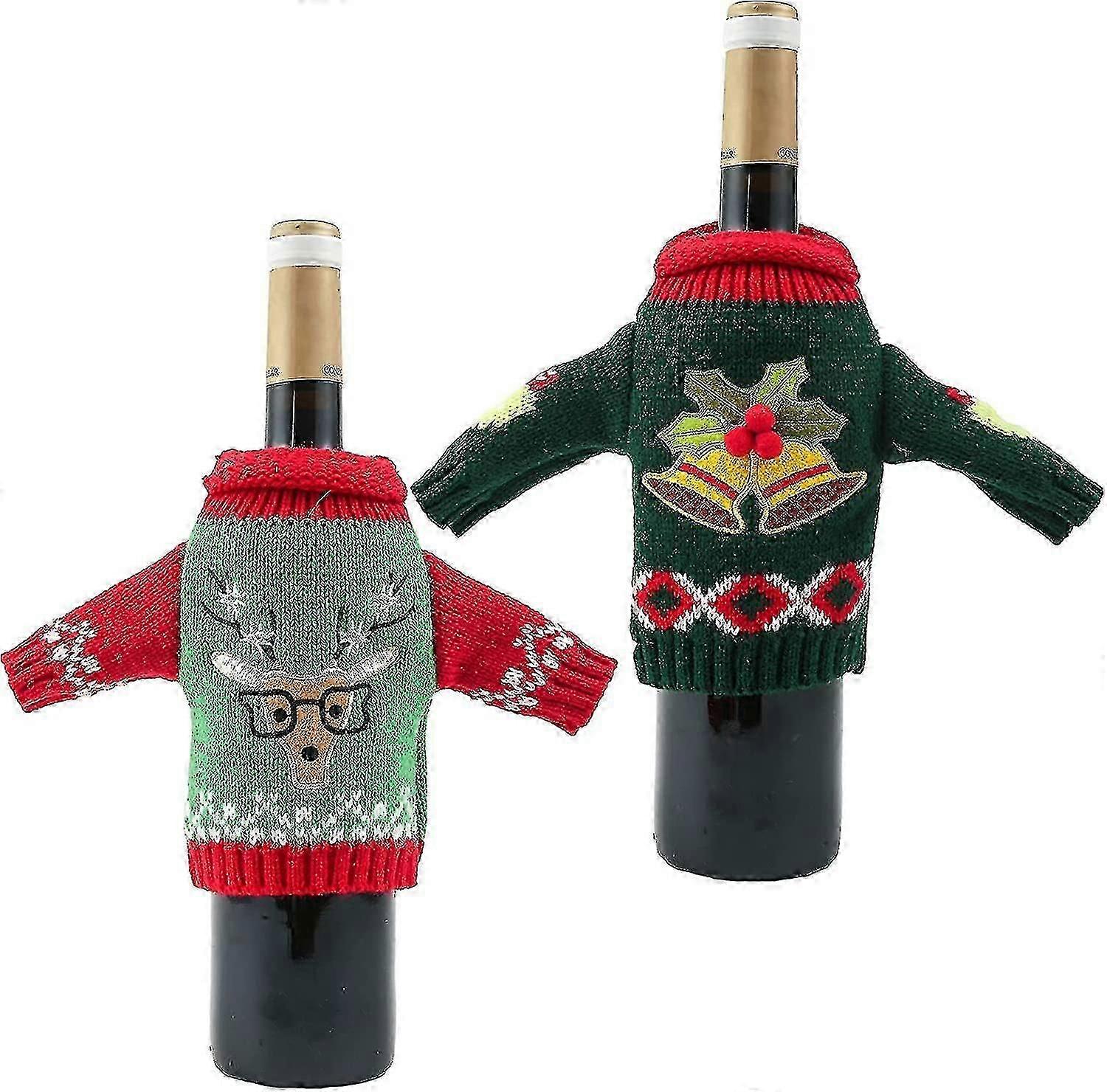 2 Pieces Sweater Christmas Bottle Decoration Knitted Bottle Pockets Decorationselk + Bell, - Quan