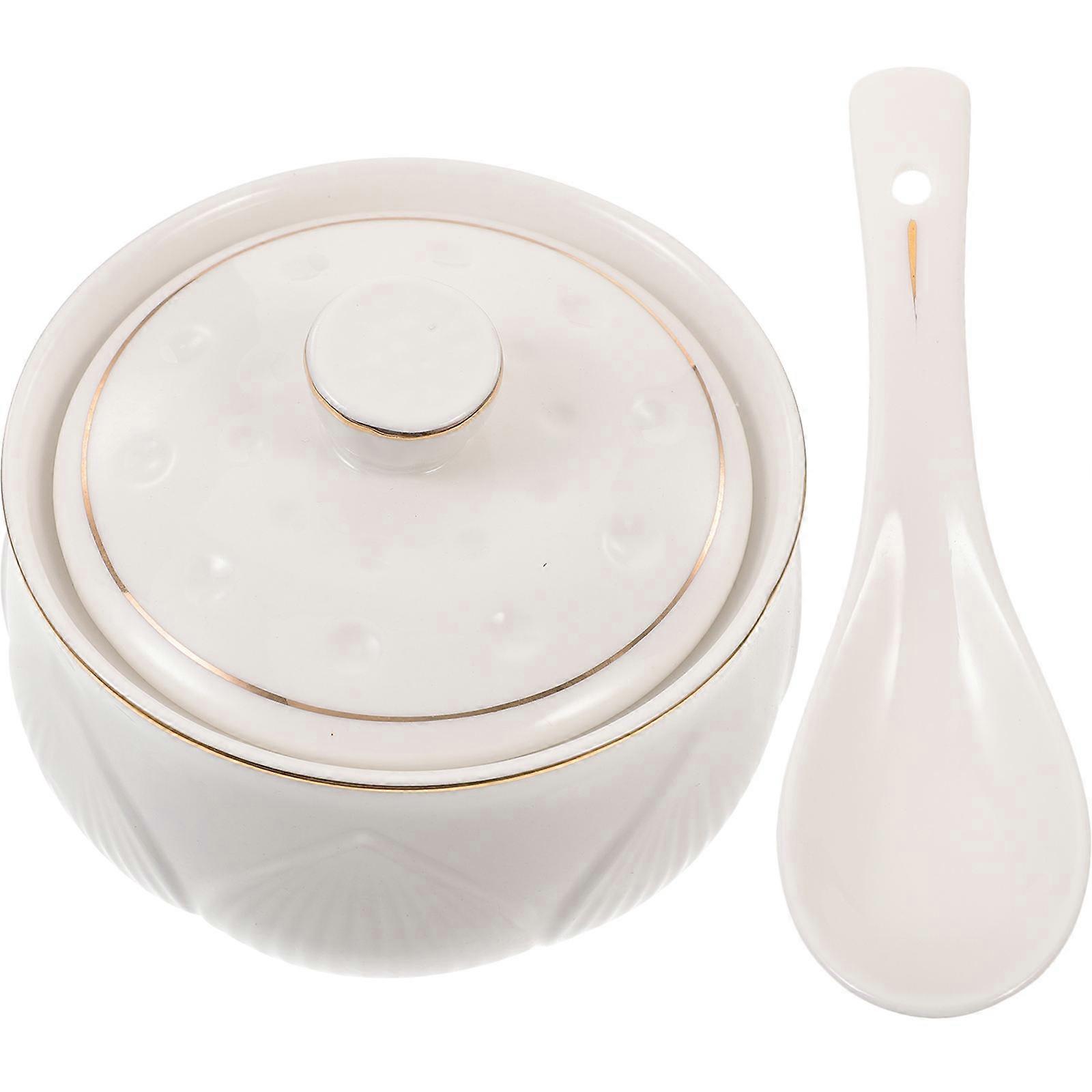 Ceramic Stew Pot Lidded Soup Bowl For Home Use Elegant Design Round Shape White 1Set