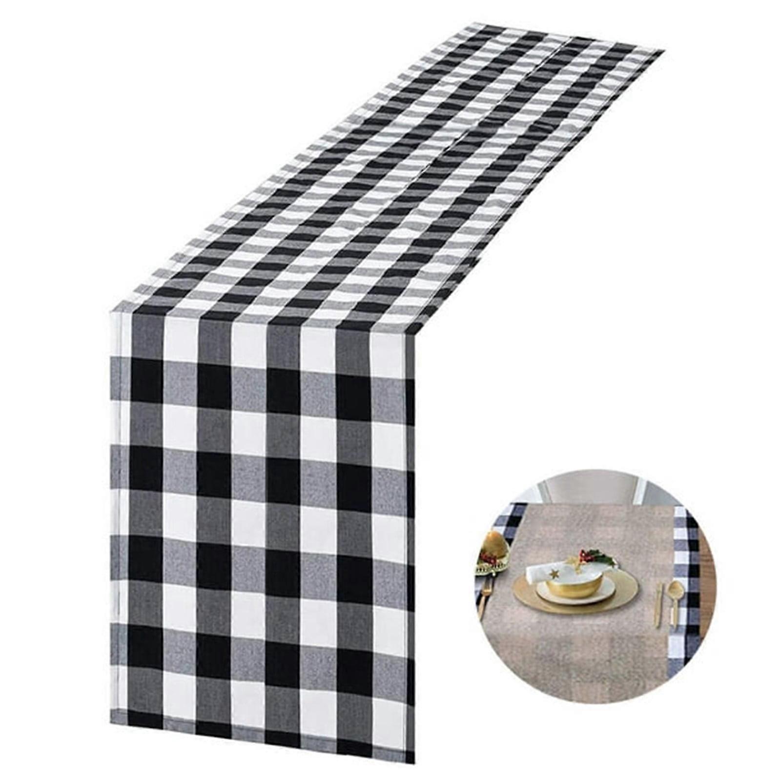 XunRui Stretch Table Cover Compatible with Check Table Runner, Reversible Cotton Burlap Buffalo Plaid Kitchen Decor, 14x72 Inch