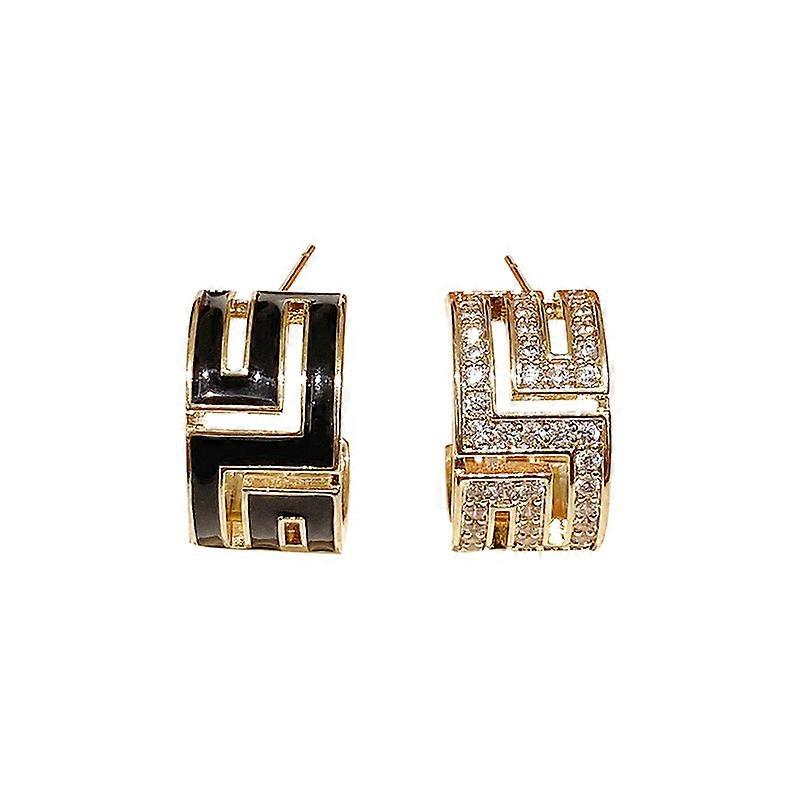 Earrings, Gold Plated Silver Needle Asymmetric Minimalist Geometric C-shaped Hollow Out Zircon Inlaid Alloy
