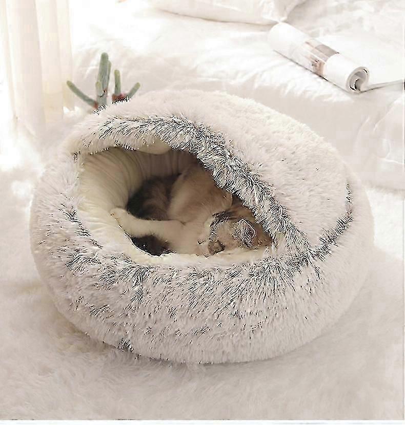 Fluffy Cat Bed, Round, Soft Plush, Den With Hood, Cat Bed