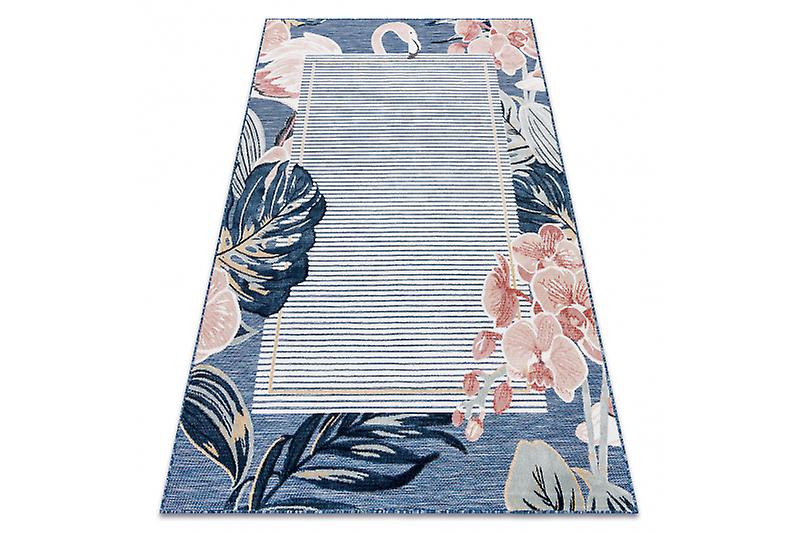 Carpet Structural BOTANIC 65240 Flamingo, leaves, flat woven on the balcony, terrace - navy blue