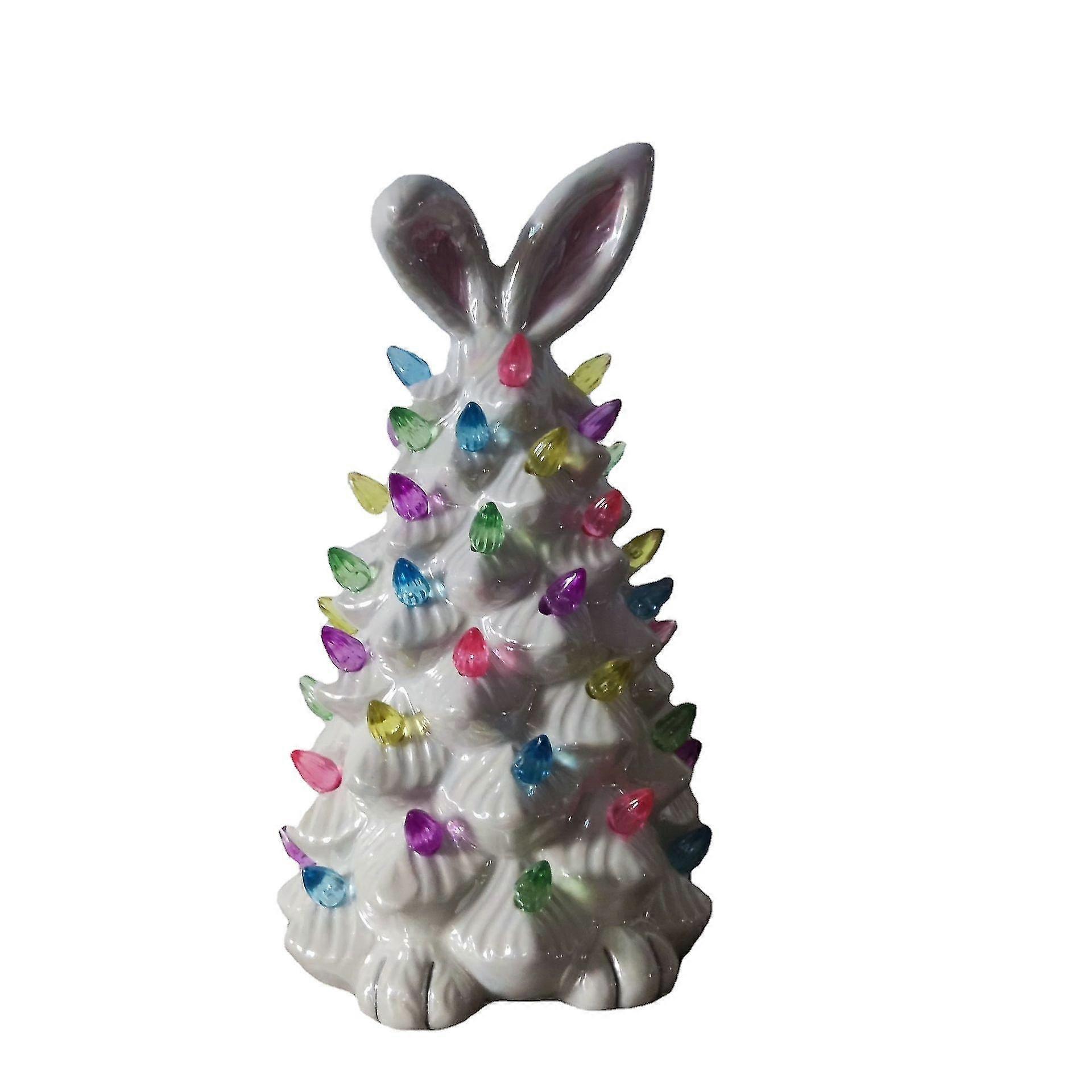 Bunny Tree with Multicolored Lights Ceramic Easter Decor Light Up Tabletop--White