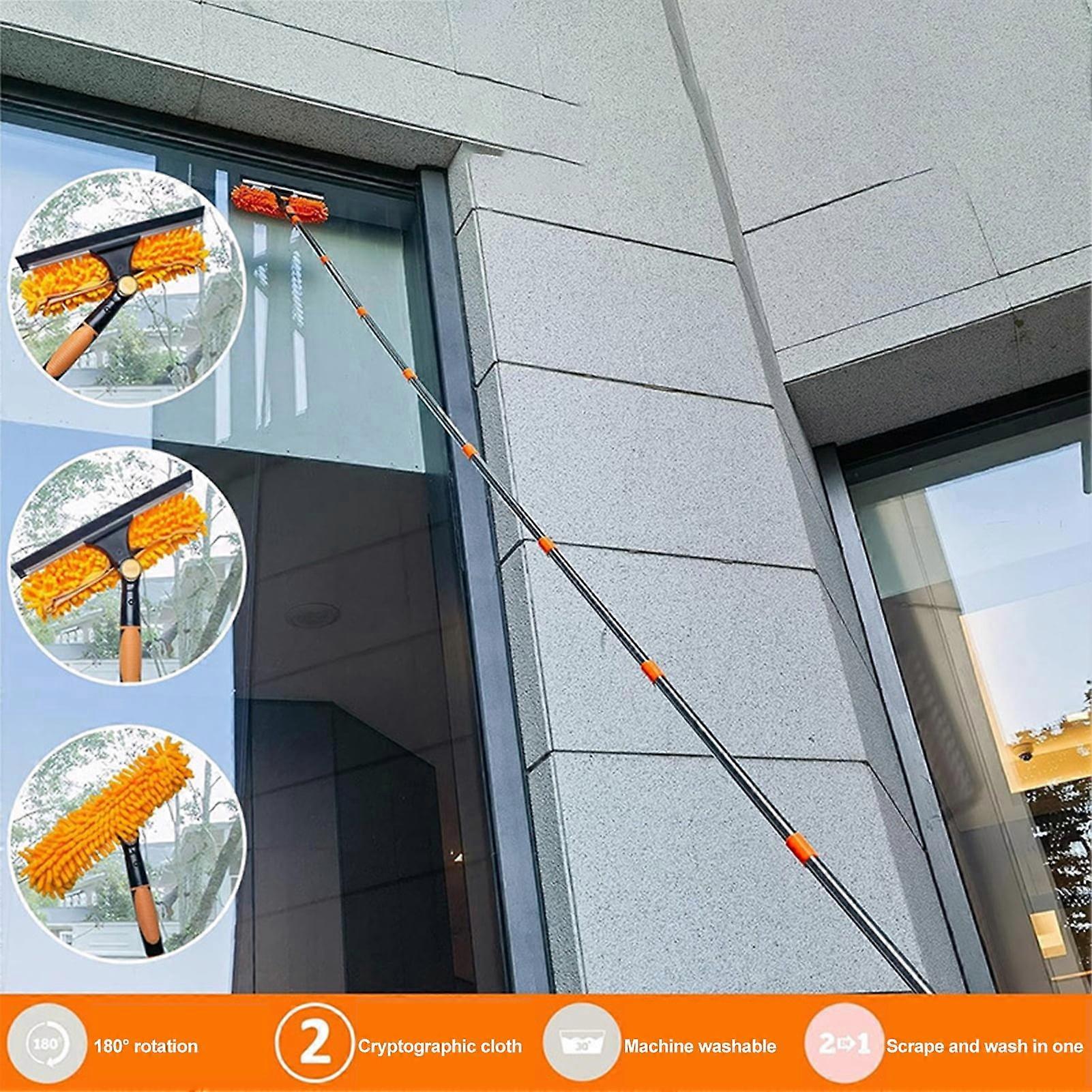 SUSUchens Window Scraper Cleaning Tool Kit 2 in 1 Silicone Blade Absorbent Fiber Scrubber Adjustable Long Handle 2-in-1 Squeegee Set Grey 3pcs