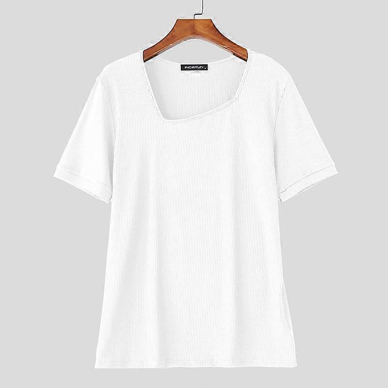 INCERUN Men Irregular Square Collar Rib Casual Fitted Tops Undershirts