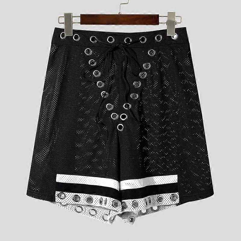 INCERUN Men Elastic Waist Mesh Sheer Hollow Bandage Mini Pants Shorts