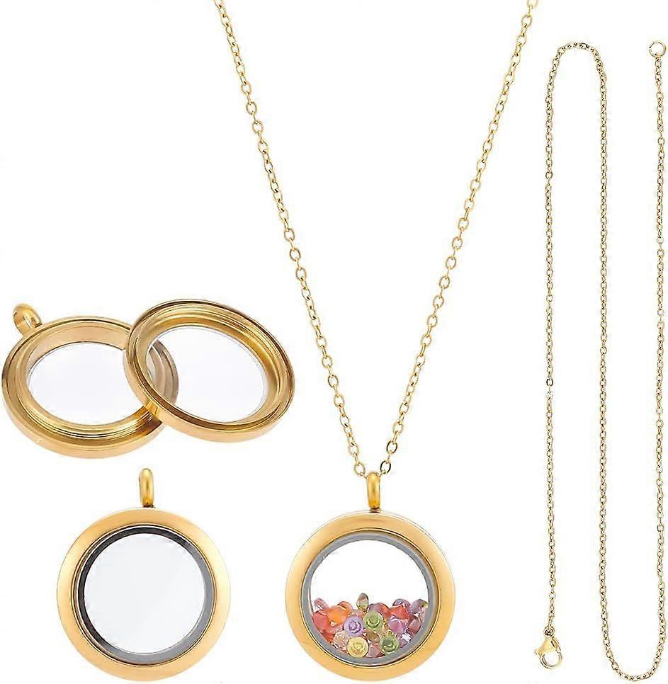 Stainless Steel Memory Locket Charm Flat Round DIY Picture Photo Necklace Making Kit Chain Necklace with Double Sided Frame Glass Container Floating C