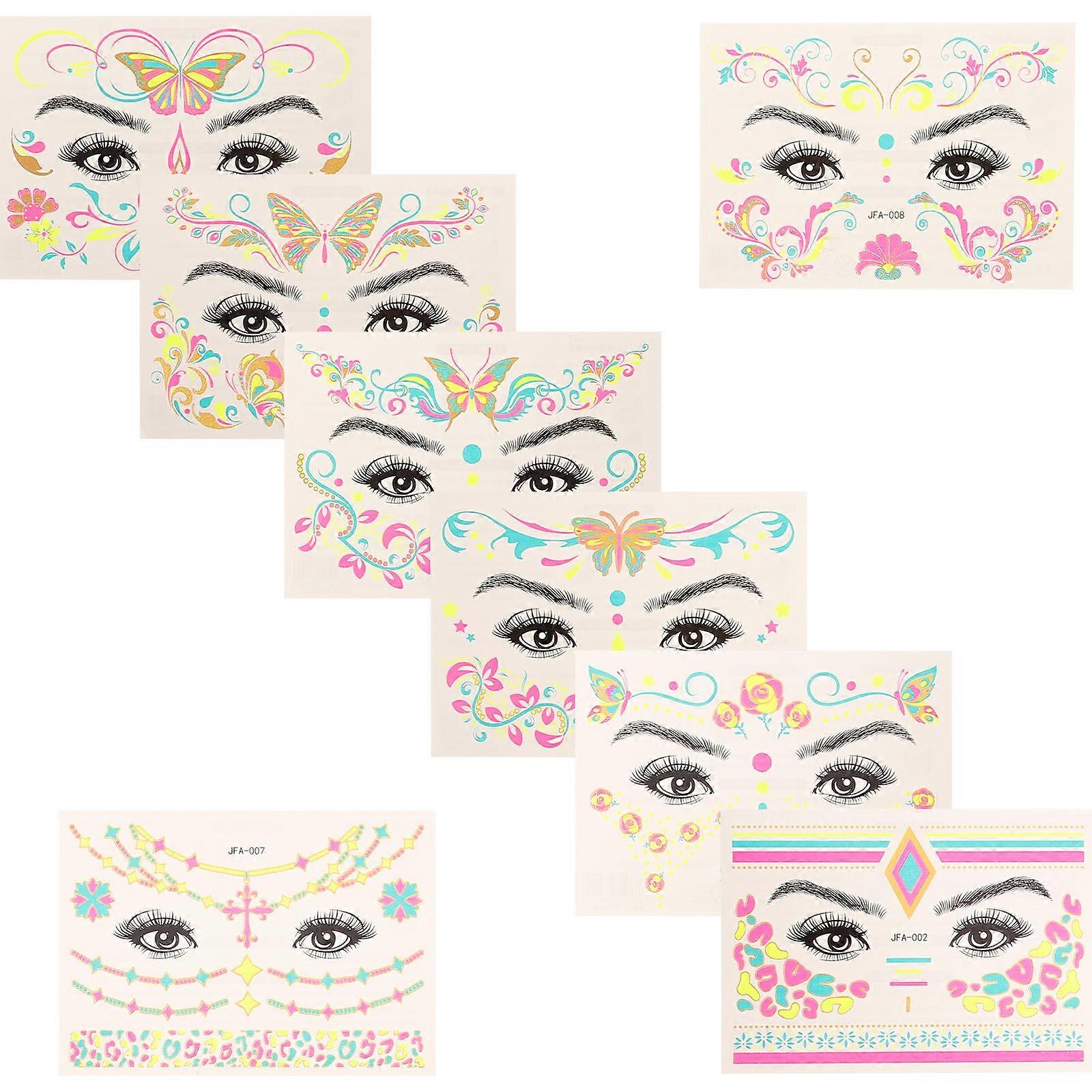 Gold Glitter Fluorescent Face Tattoo Sticker for Party 8 Sheets Unique Patterns