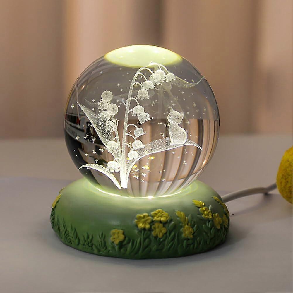 Flower Crystal Ball Night Light with Twilight Glowing Base, 6cm Lily of The Valley Glass Lamp