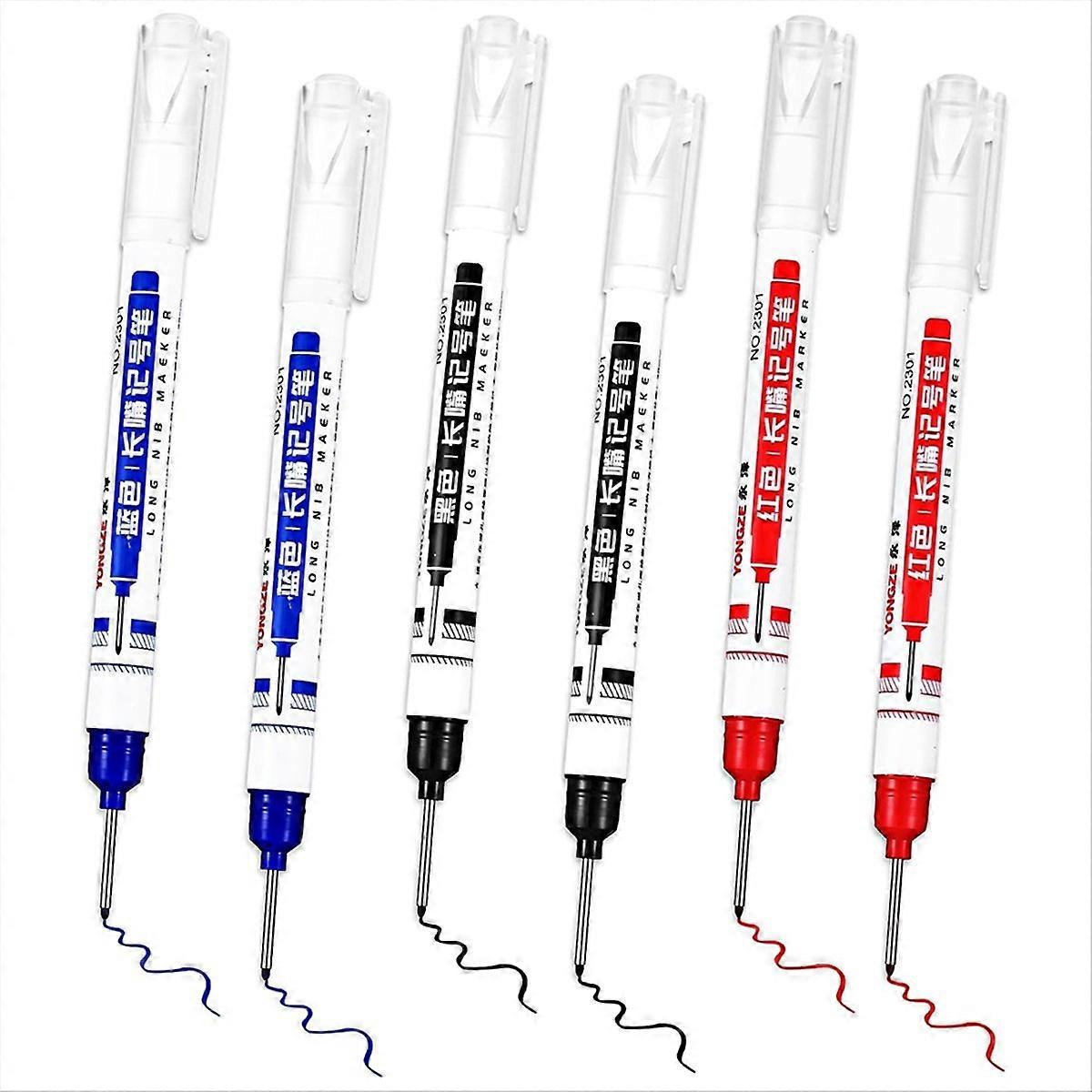 6 Pcs Multi-Purpose Deep Hole Marker Pens Long Deep Nib Markers 20mm Long-Head Drill Markers Quick Dry Carpenter Pens