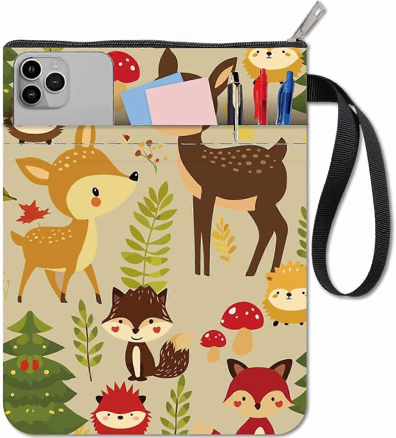 Fox Book Sleeve Cloth Book Cover Bag with Zipper and Extra Sleeve Rectangle Deer Hedgehog Animal Protector Washable Pouch for Paperbacks Notebook Book