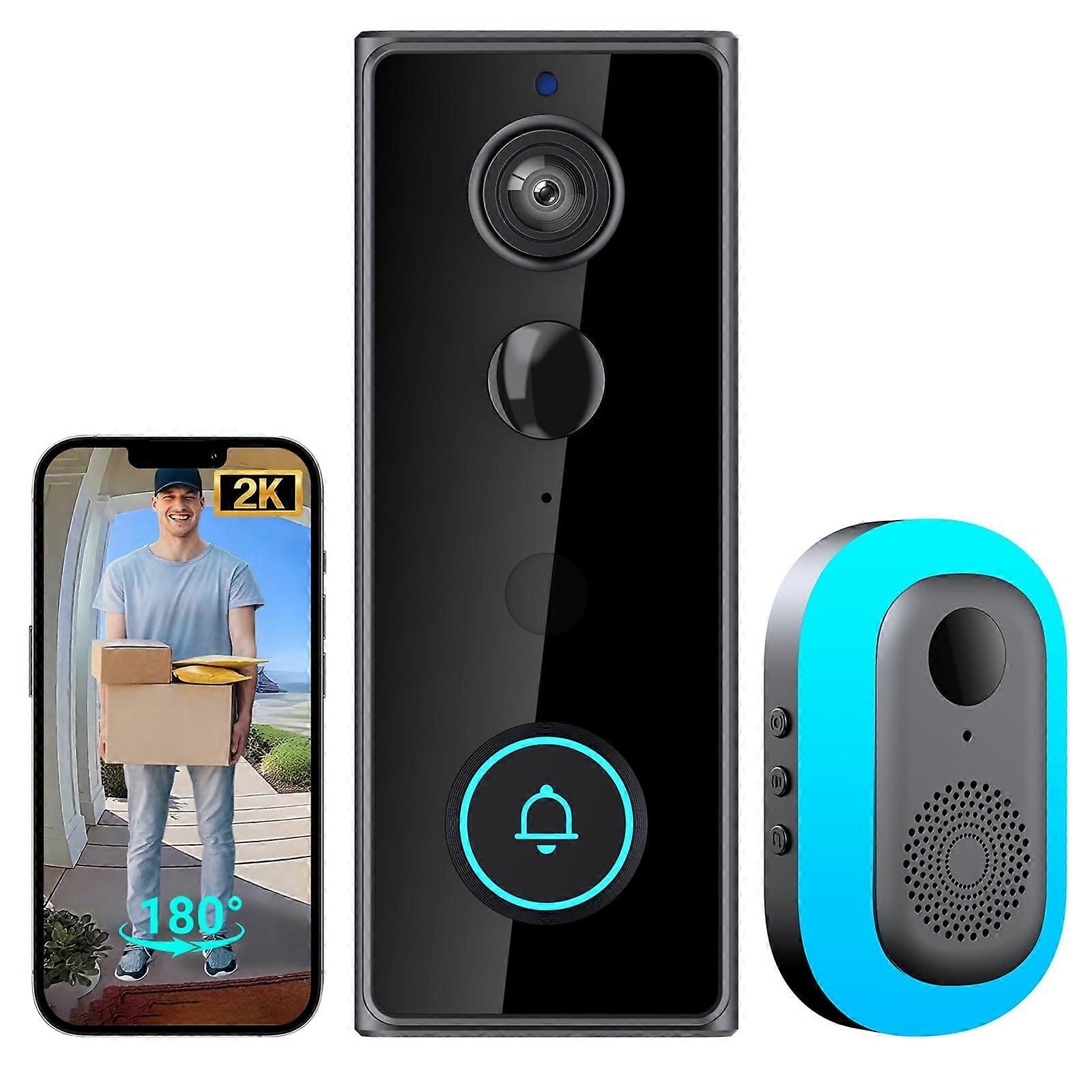 Wireless Video Doorbell 2K UltraClear with Chime, 180° Wide View, Night Vision, No Monthly Fees
