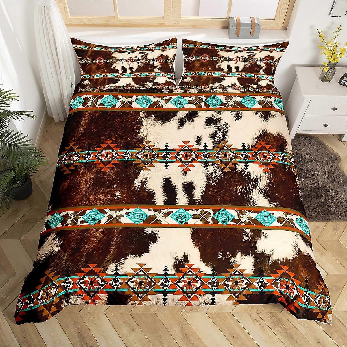 Cow Print Bedding Full Size Set with Pillow Shams, Western Aztec 3D Brown Cowhide Duvet Cover