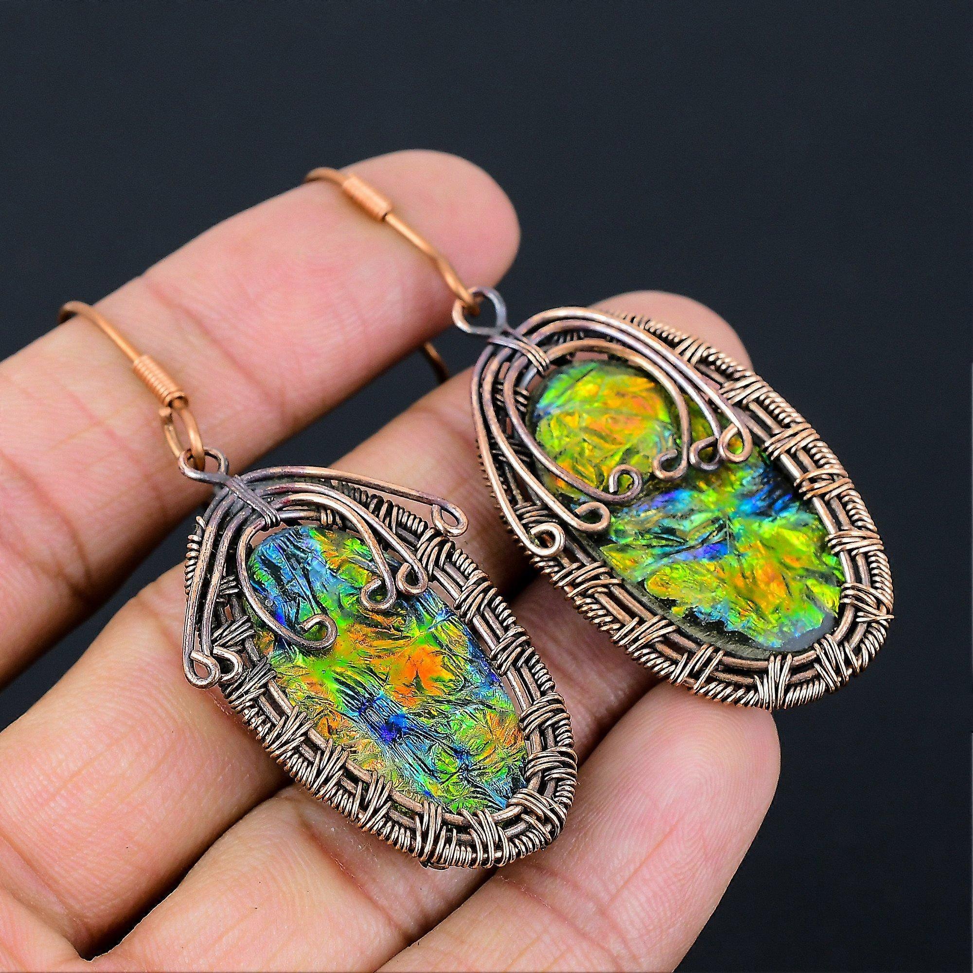 Natural Abalone Shell Gemstone Handmade Copper Wire Wrap Earring 2.64 Z1g85