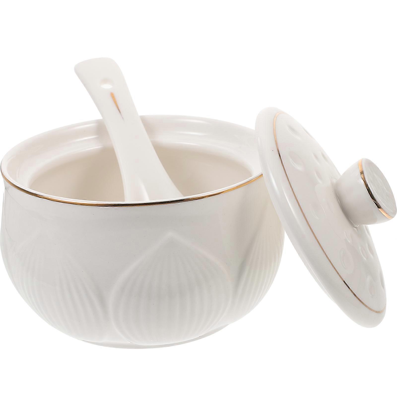 White Ceramic Soup Bowl with Lid for Steaming Kitchen Use 1Set
