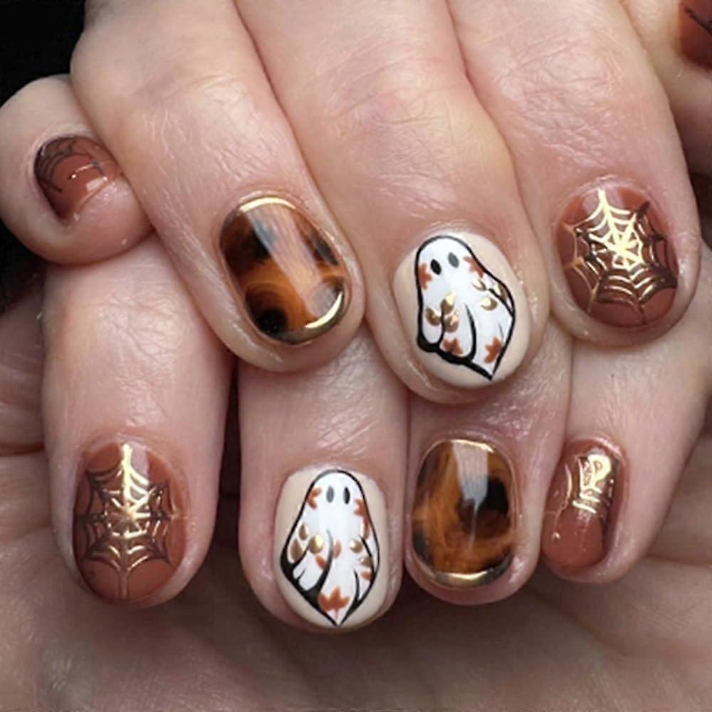 Halloween Ghost Press On Nails with Gold Spider Web, Brown Short Square Reusable Acrylic False Nails