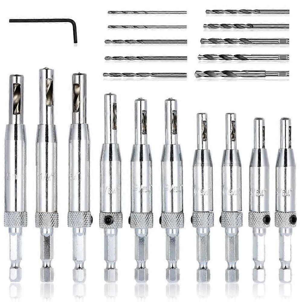 21-Piece Self-Centering Hinge Drill Bit Set for Accurate Cabinet & Door Hole Alignment with Hex Key
