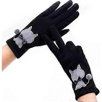 Suede Dust Mittens with Embroidered Cat Motifs, Touch Screen Gloves for Women, Warm and Velvety Cartoon Cat Finger Gloves, Black