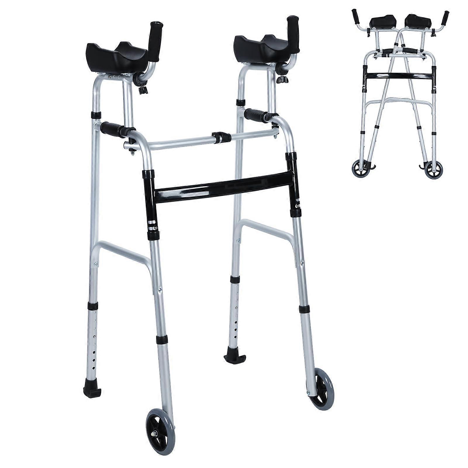 Folding Walker with Wheels and Arm Support, Adjustable Height Mobility Aid for Elderly, Black