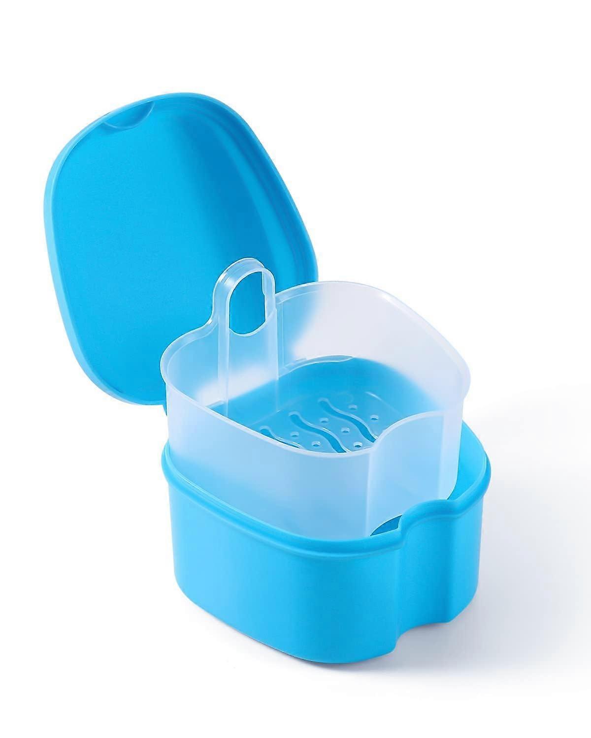 Denture Case with Builtin Strainer, Compact Bath Box for Retainer, Mouthguard, False Teeth, Light Blue