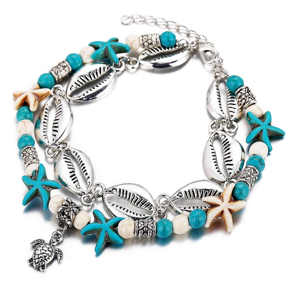 Starfish Shell Turtle Pendant Double Layer Beach Ankle Bracelets For Women Summer Bohemian Anklets