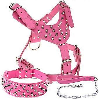 Leather Studded Dog Harness, Collar and Leash 3 Piece Set, Dog Harness Collar Chain Leash Set for Medium and Large Dogs, Especially for Bulldogs,Labra