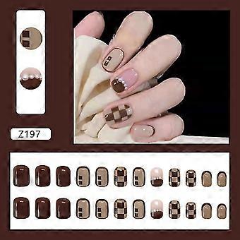 24pcs lange braune Presse auf Nägel Nette Schachbrett Design Gefälschte Nägel Voll