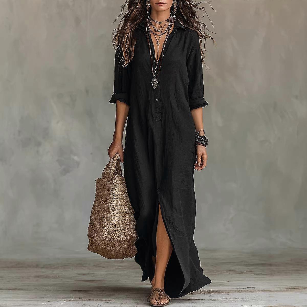 Spring and summer casual solid color lapel front split skirt