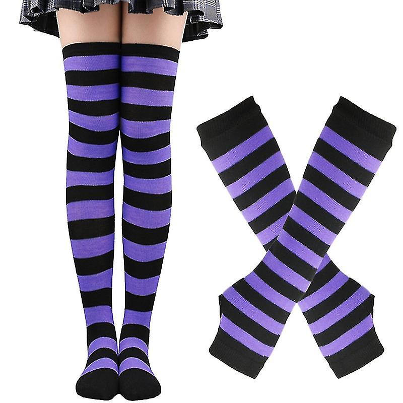 Striped Knee Socks Gloves Set Stretchy Fingerless Arm Sleeve Thumb Hole Gloves