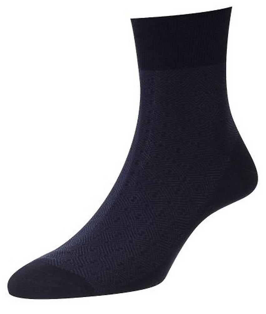 Pantherella Hyde Tonal Pattern Egyptian Cotton Ankle Socks - Navy