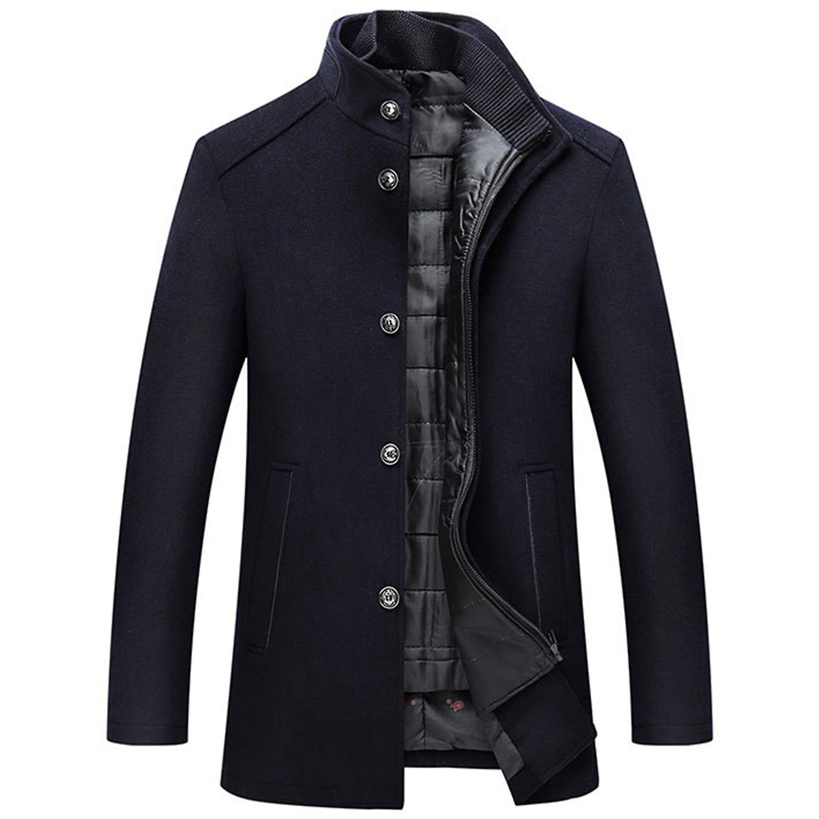 2Pcs/Set Stand Collar Long Sleeve Zipper Single-breasted Pockets Woolen Coat Autumn Winter Mid-Length Solid Color Thickened Overcoat with Waistcoat