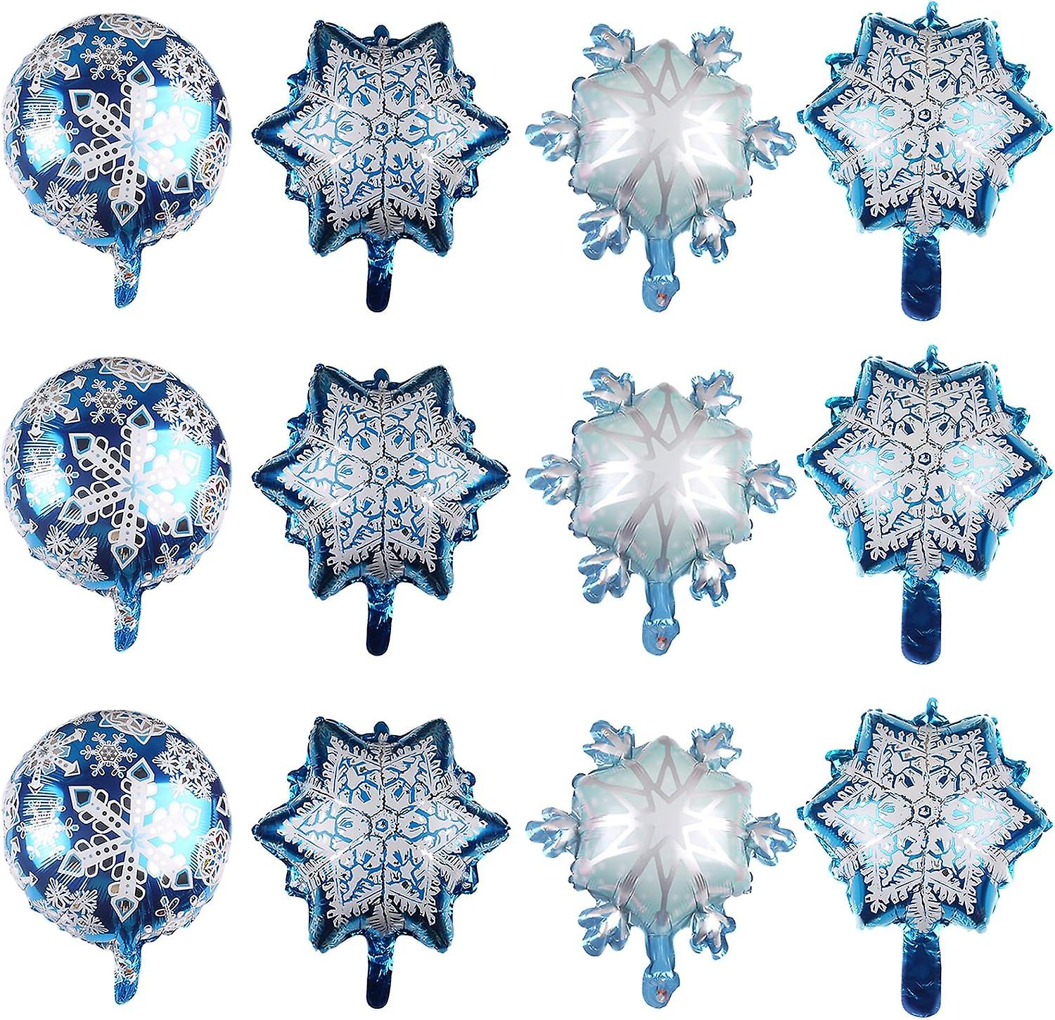 12Pcs Snowflake Balloons Set for Winter Wonderland Decorations Blue White Snowflake Frozen Foil Balloons for  New Year Birthday Theme Party Supplies