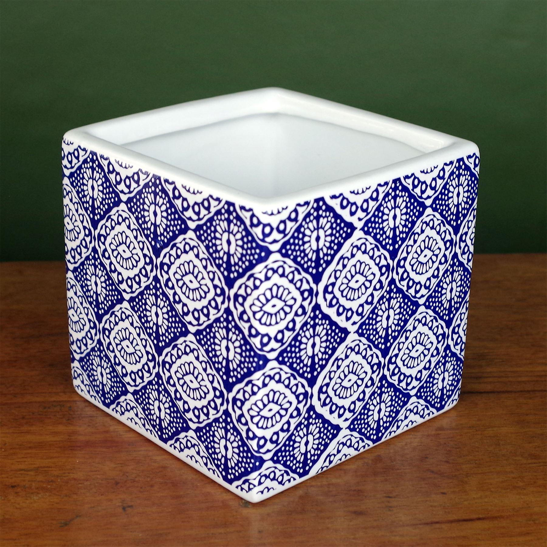 Ceramic Cube Planter Blue Print Plant Pot