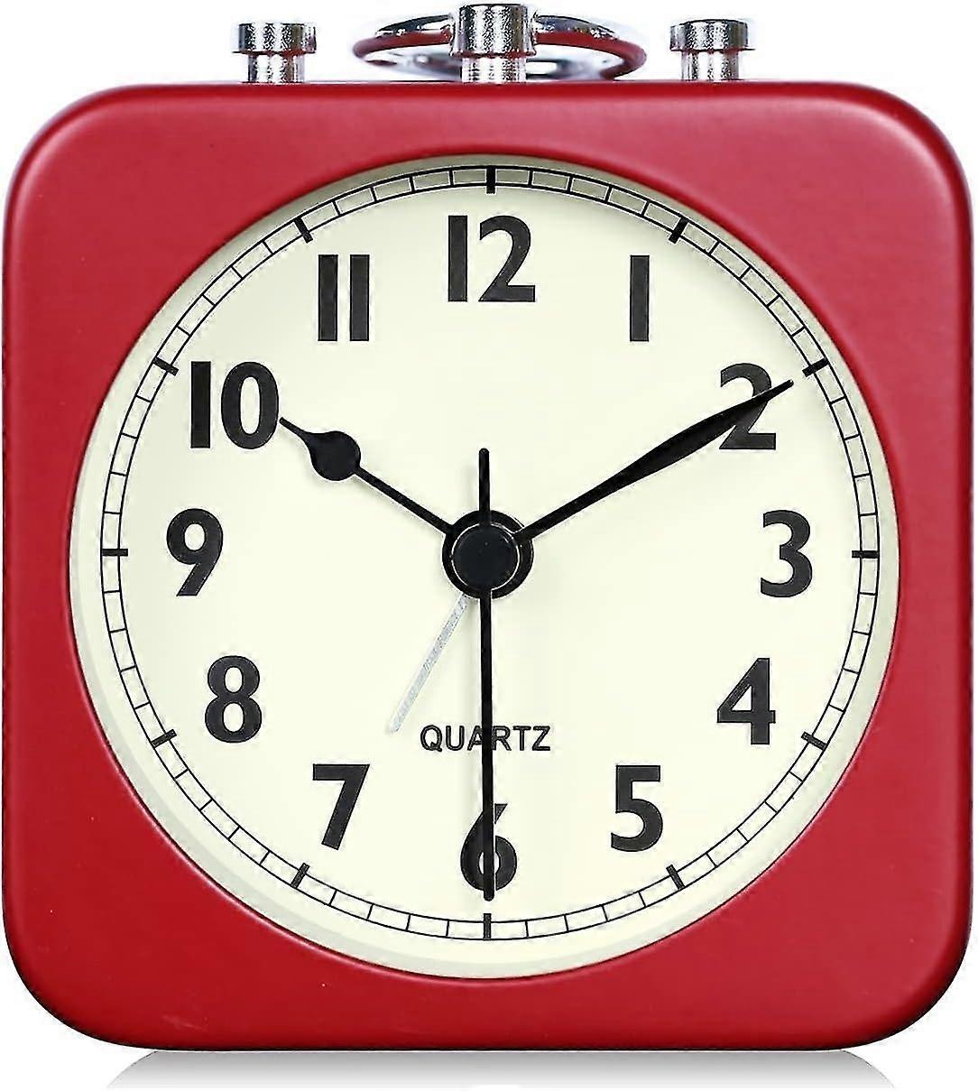 Square Cherry Red Metal Alarm Clock Bedside Battery Powered Silent Non-Tick Analog Desk and Shelf Cl
