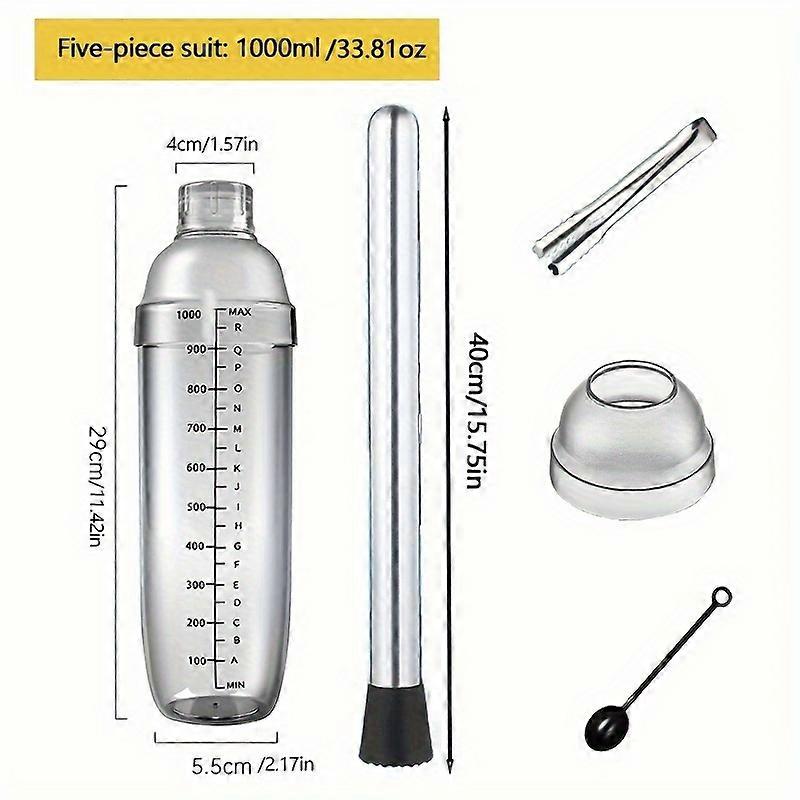 23.67oz PC Polycarbonate Cocktail Shaker Set with Built-in Strainer, Measurement Markings, Stainless Steel Muddler, and Splash-Proof Lid, Transparent