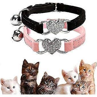 2-piece Love Flocked Colored Diamond Bell Cat Collar (black And Pink), Cute Little Cat Collar, Cat Collar With Bell And Elastic Band