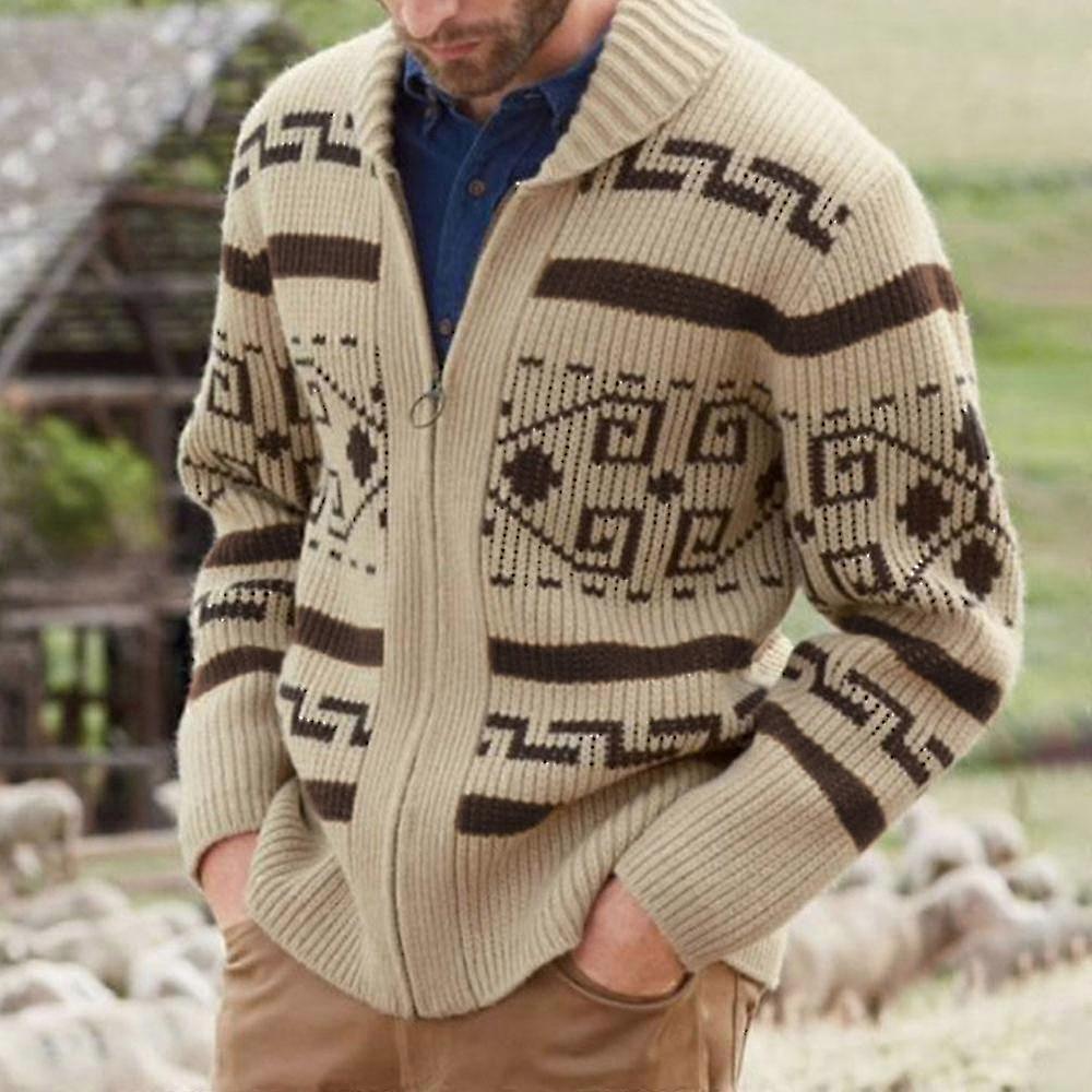 Men's Khaki Zip Cardigan Jacquard Knitted Jumper