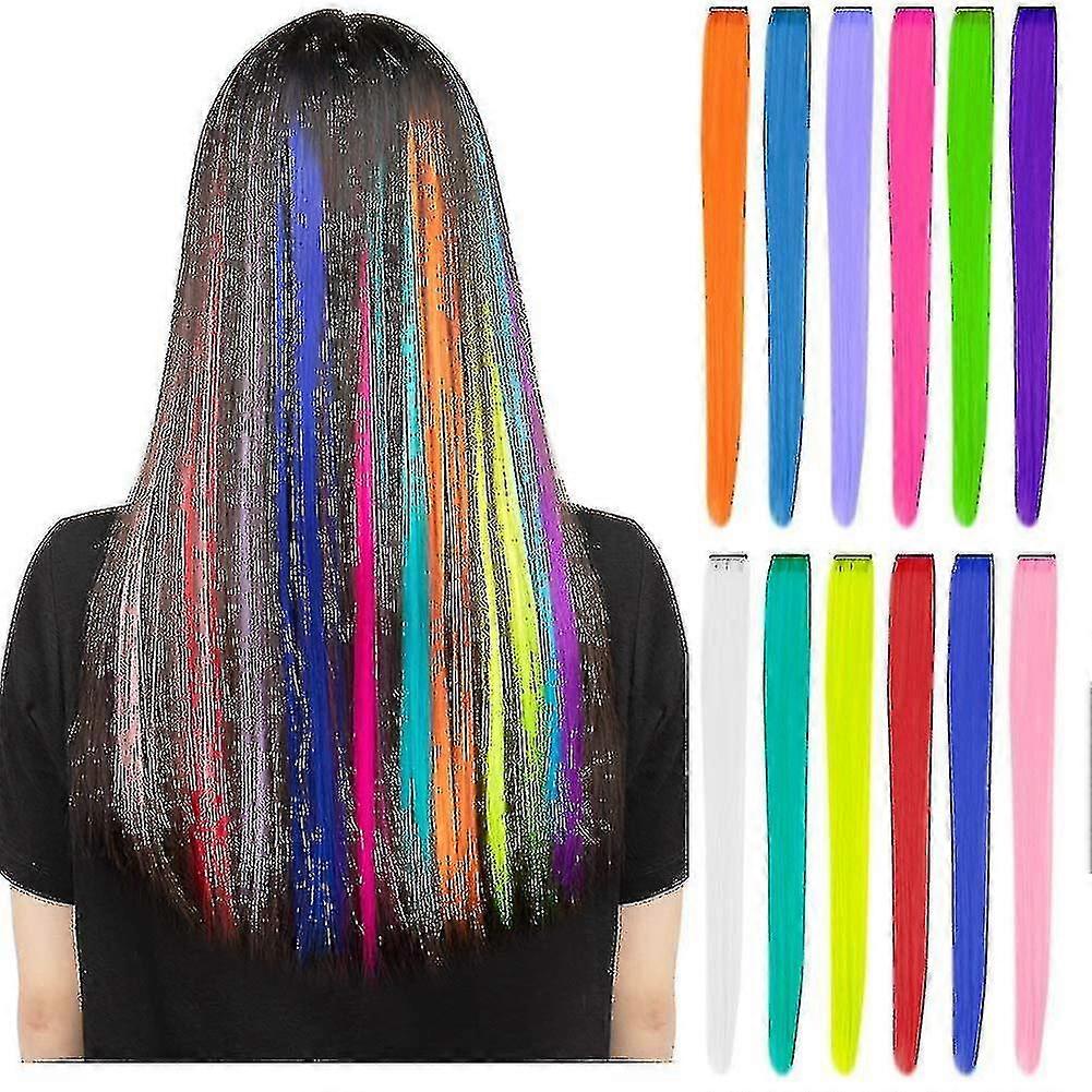 12 Pcs Colored Party Highlights Colorful Clip In Hair Extensions, 22 Inch Straight Synthetic Hairpieces, Rainbow