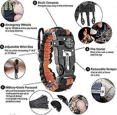 Survival Bracelet - Flint And Steel Igniter, Whistle, Compass, Adjustable Strap Size For Camping, Jungle Flying, Emergency Kit (pair - Black, Orange)j