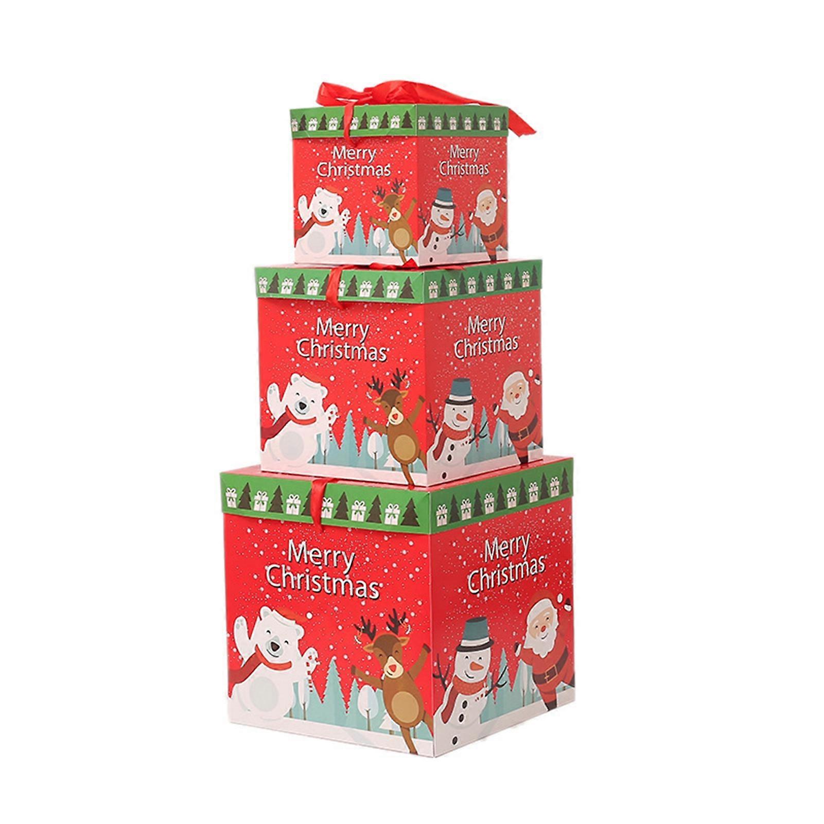 3Pcs Christmas Box Foldable Bright Color Christmas Style Snowman Patterns Bow Tie Merry Christmas Gift Box for Festival KAESI