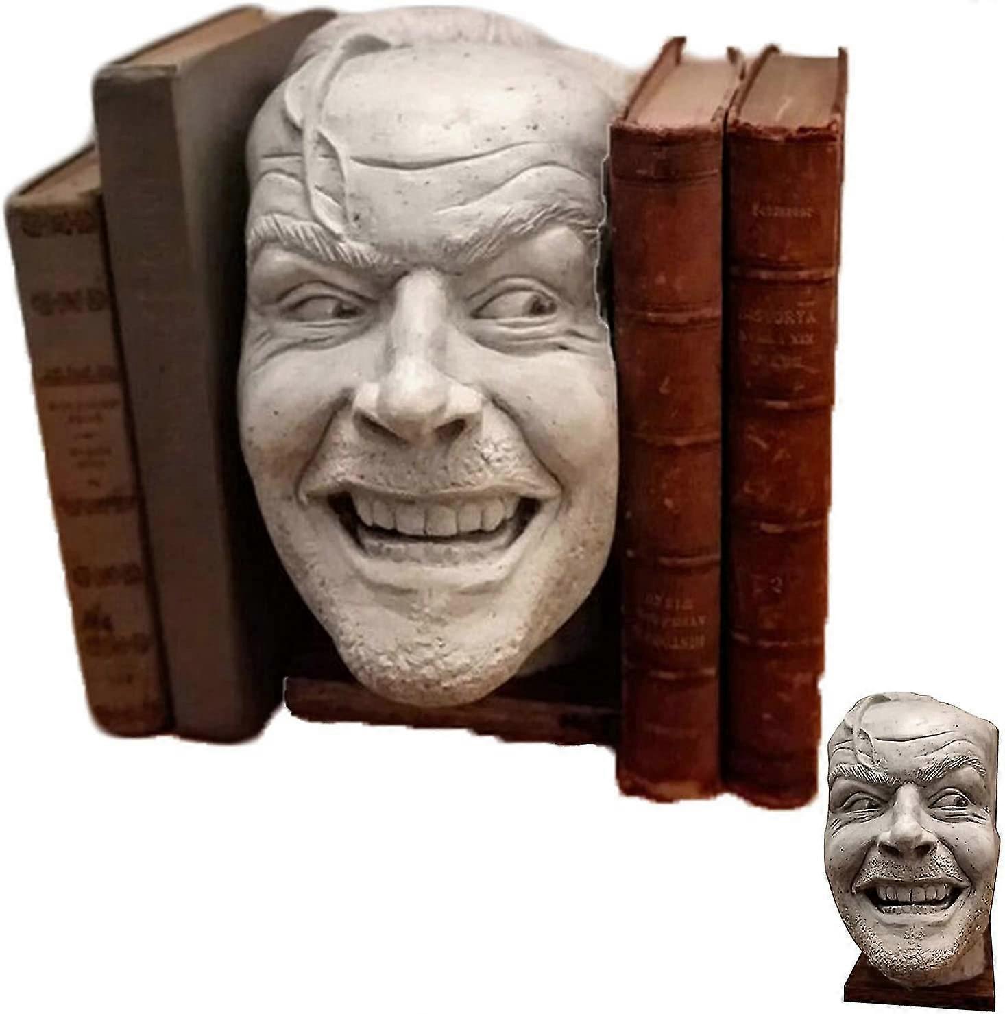 本の終わり、装飾的なブックエンド、ここジョニー彫刻、気まぐれな樹脂デスクトップ装飾品、本棚彫刻、ジャックニコルソン彫刻、ホームオフィスの装飾のために
