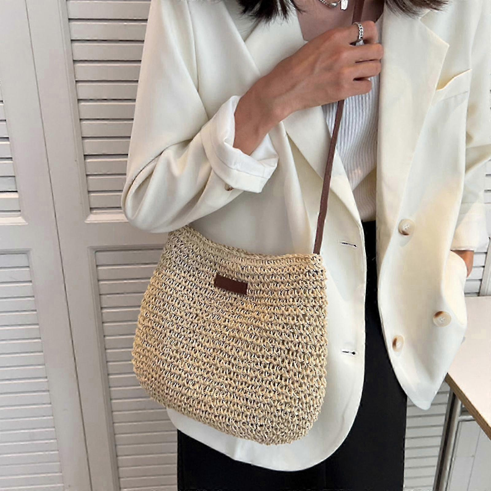 女性用ショルダーストローバッグ、女性用ビーチホリデー用サマーストロークロスボディバッグ、ジッパー付きスタイリッシュカジュアルクロシェバッグ