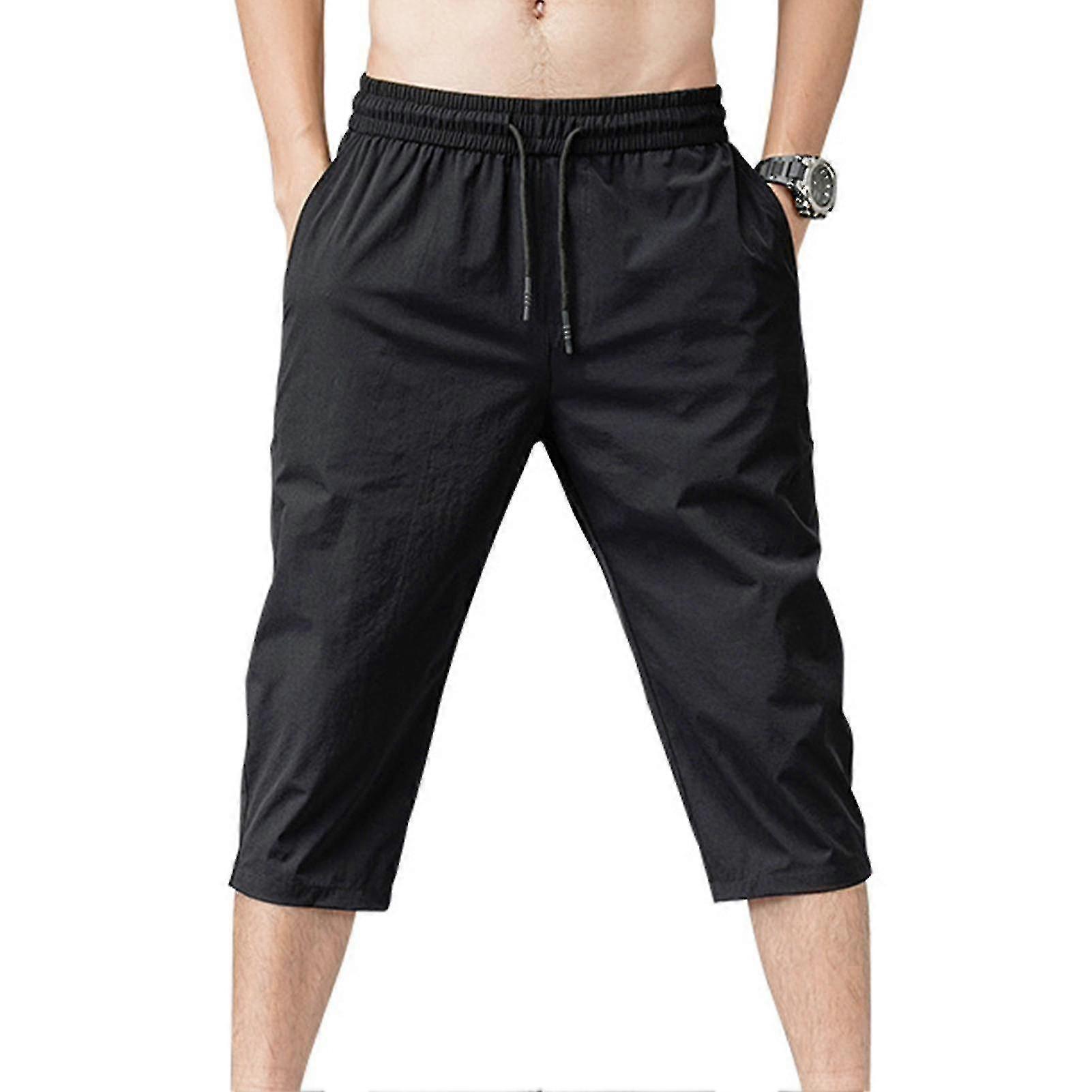 Men Elastic Waist Drawstring 3/4 Length Cropped Trousers Sweatpants