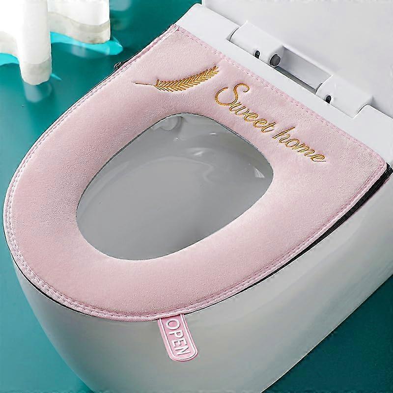 (Pink)1Pcs Toilet Seat Cover with Handle,WC Toilet Seat Cover, Soft and Warm,Washable,Suitable for All Oval Toilet Seats,37x43cm