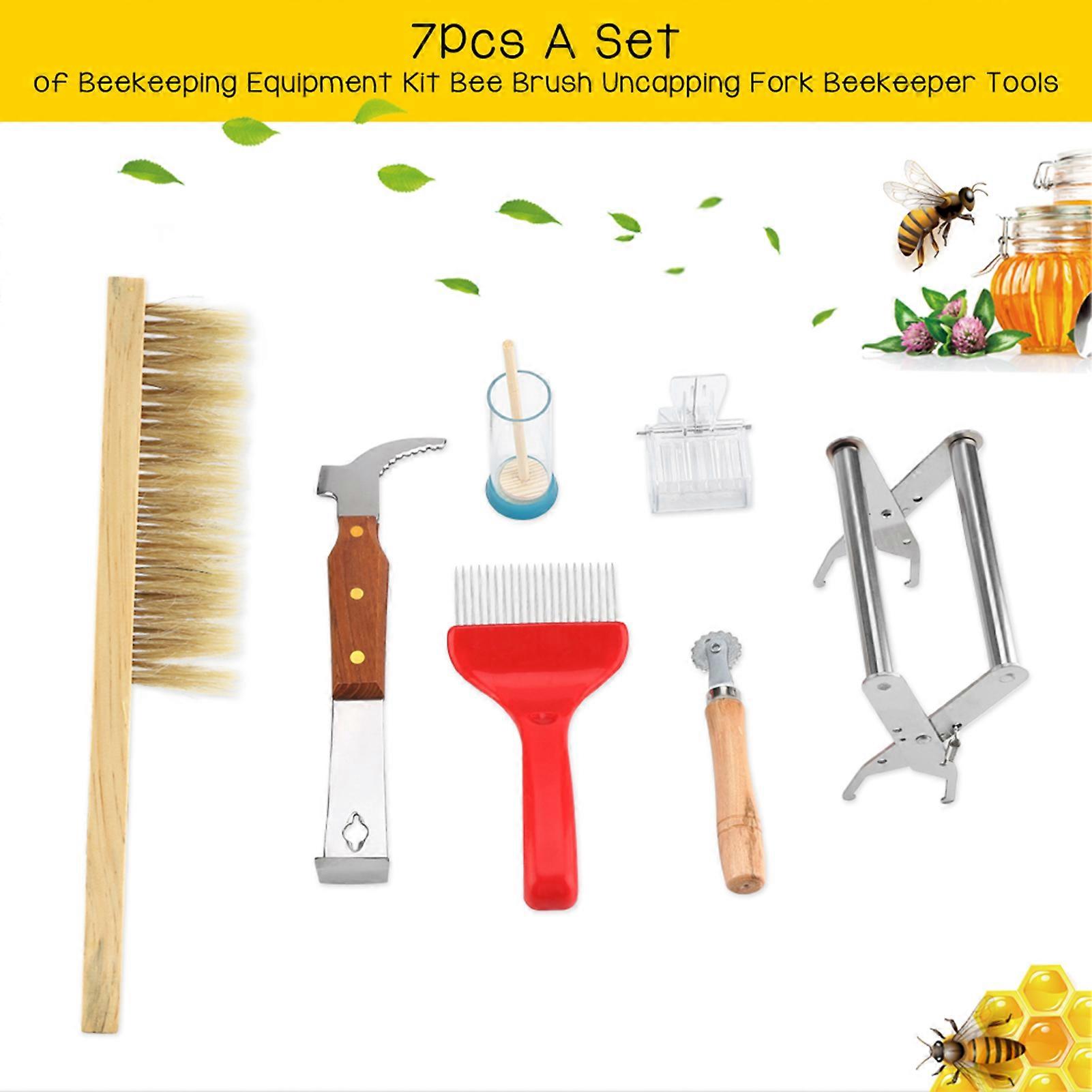 Beekeeping Equipment Kit Set of 7 Pieces - Bee Brush Uncapping Fork Beekeeper Tools