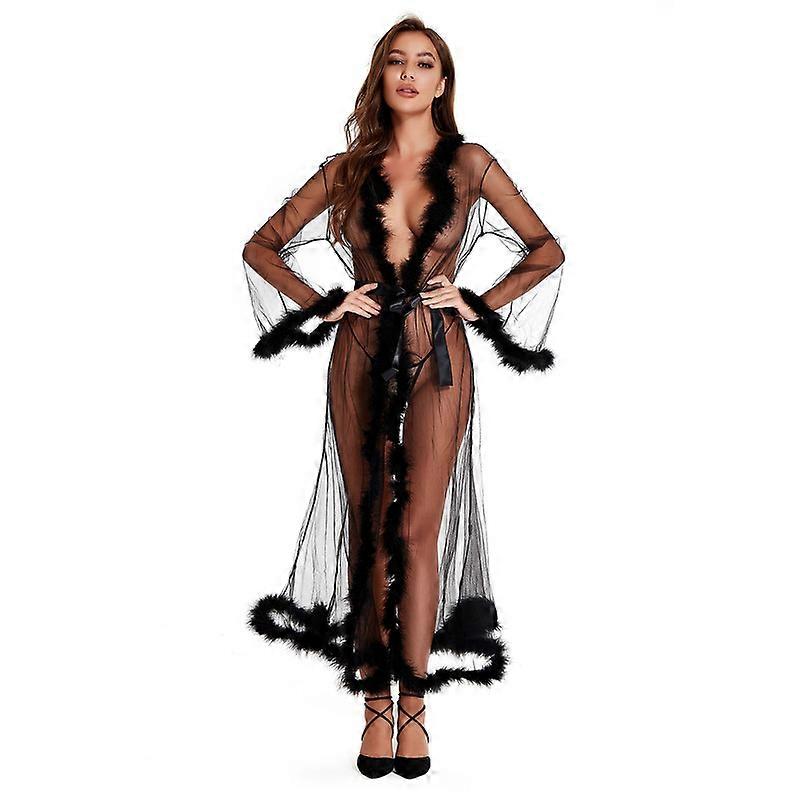 Womens Sexy Lingerie Robe Mesh Nightwear Long Dress Cardigan with Feather Trim