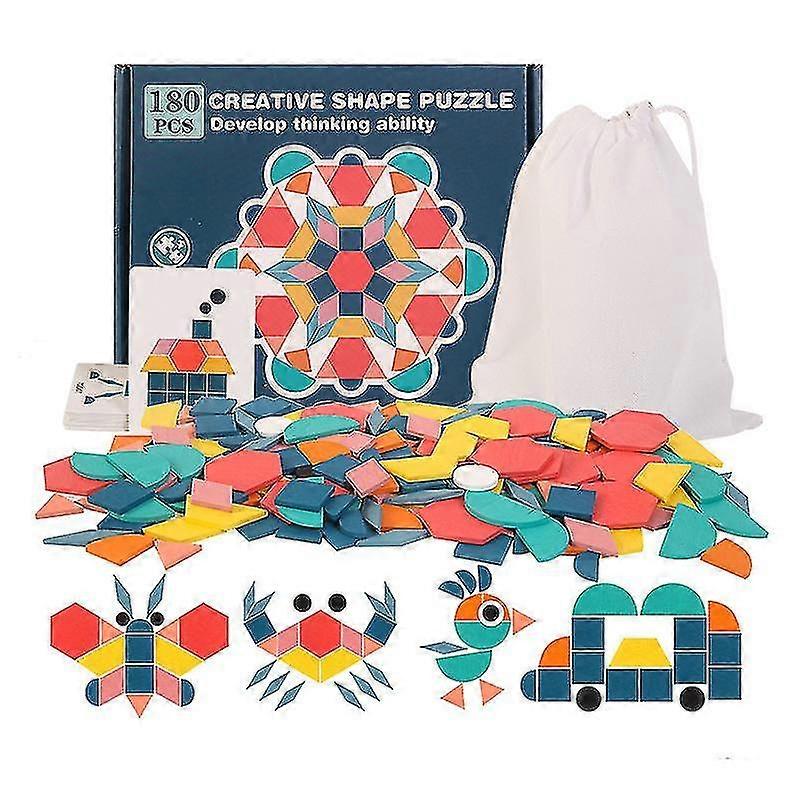 180 Pcs Wooden Geometric Shape Puzzle Pattern Blocks