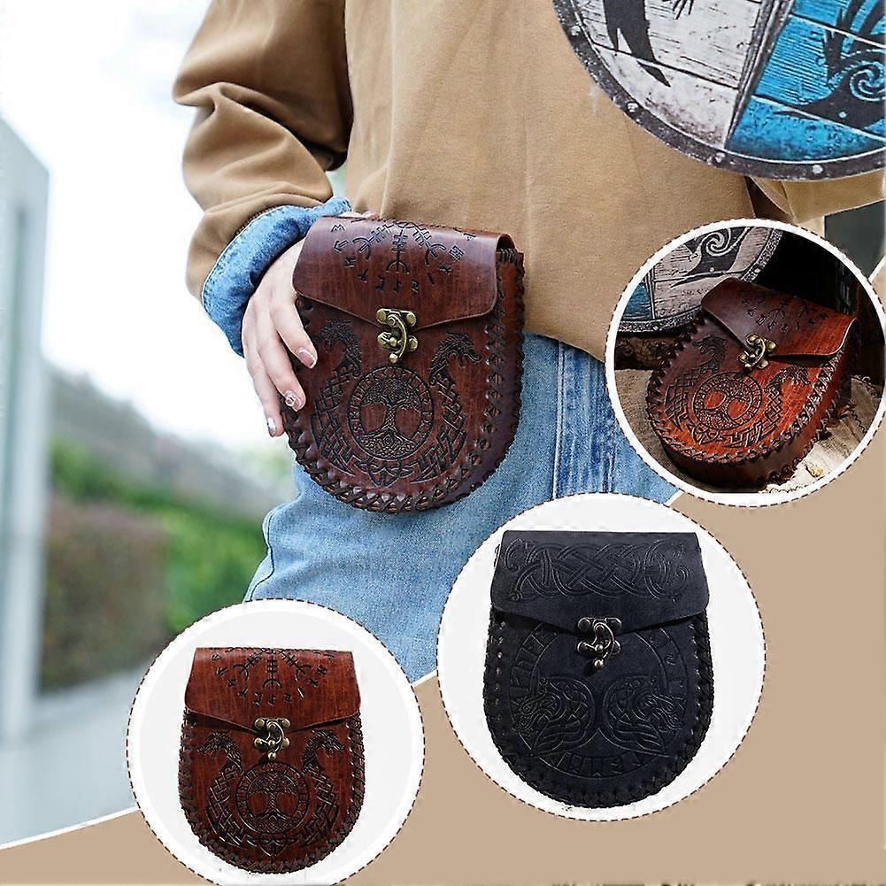 Medeltida konstläderpåse,Nordic Präglad bältesväska,Steampunk midjeväska