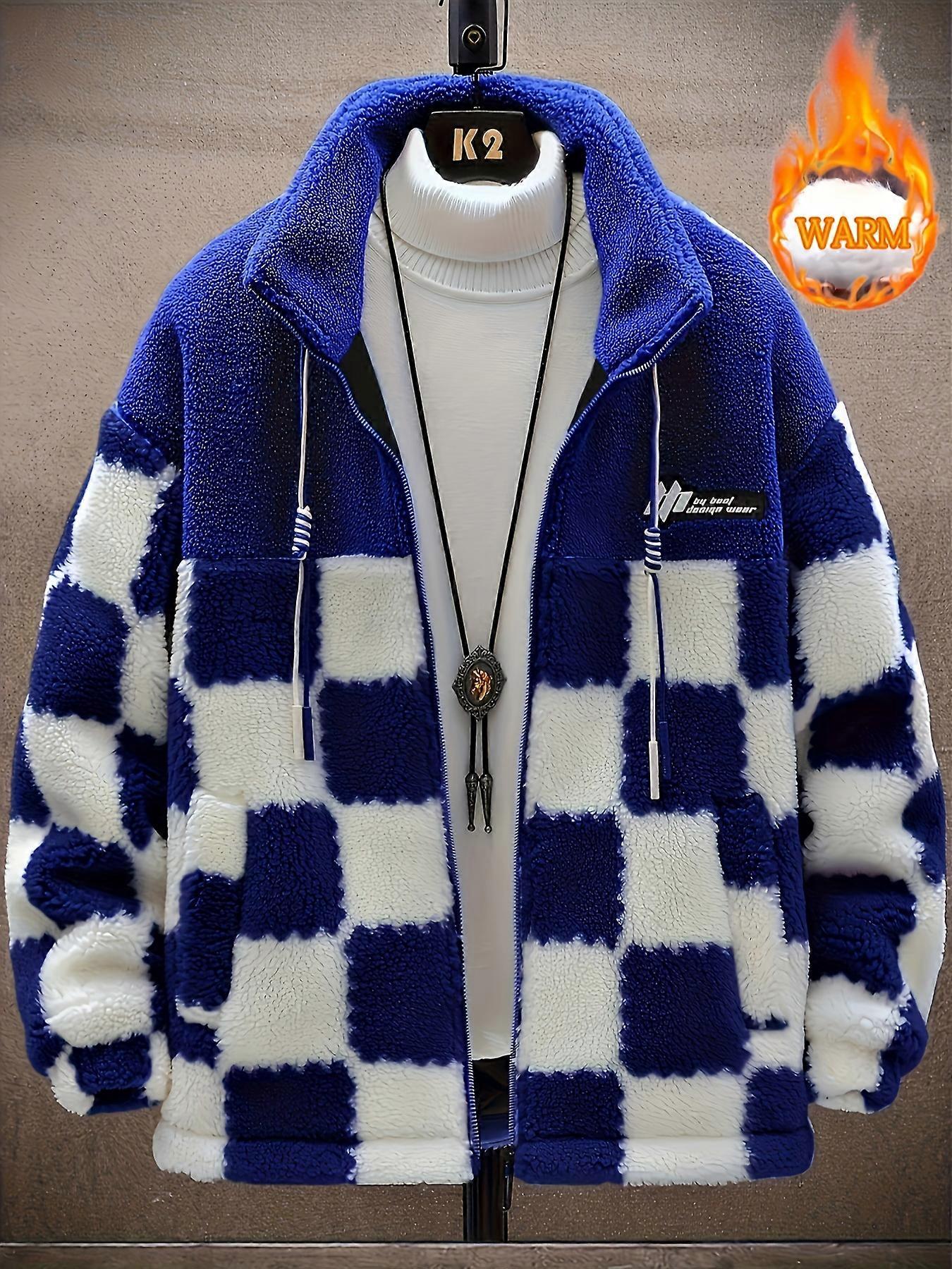 New style Men's Warm Thick Fleece Coat, Palid Cardigan Overcoat For Fall Winter